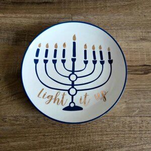 Hanukkah ceramic plate dish with Hanukkiah Menorah design. Judaica home decor.